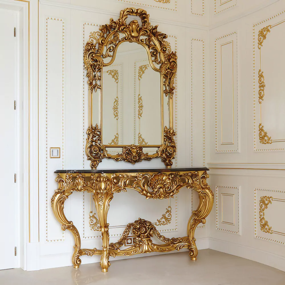 Sidqa Opulent Gold Leaf Console and Mirror Set