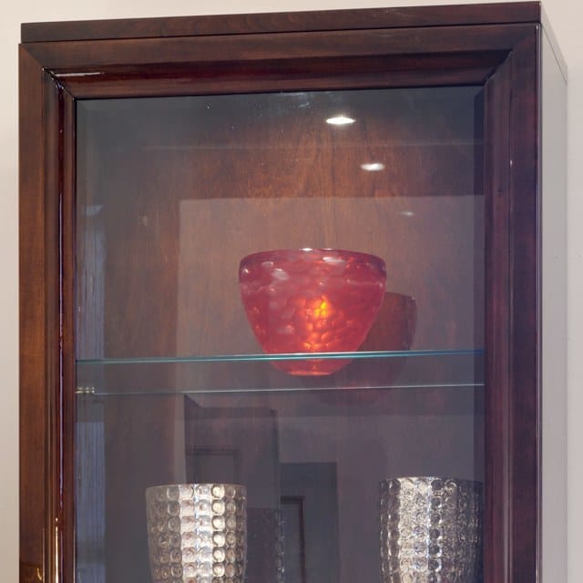 Brown Display Cabinet with Glass Shelves and Gold Accents