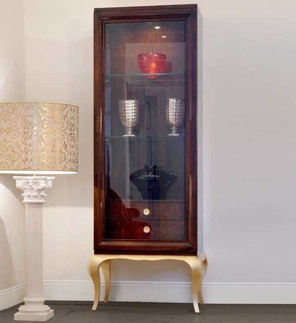 Brown Display Cabinet with Glass Shelves and Gold Accents