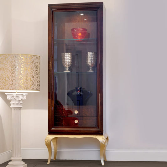 Brown Display Cabinet with Glass Shelves and Gold Accents