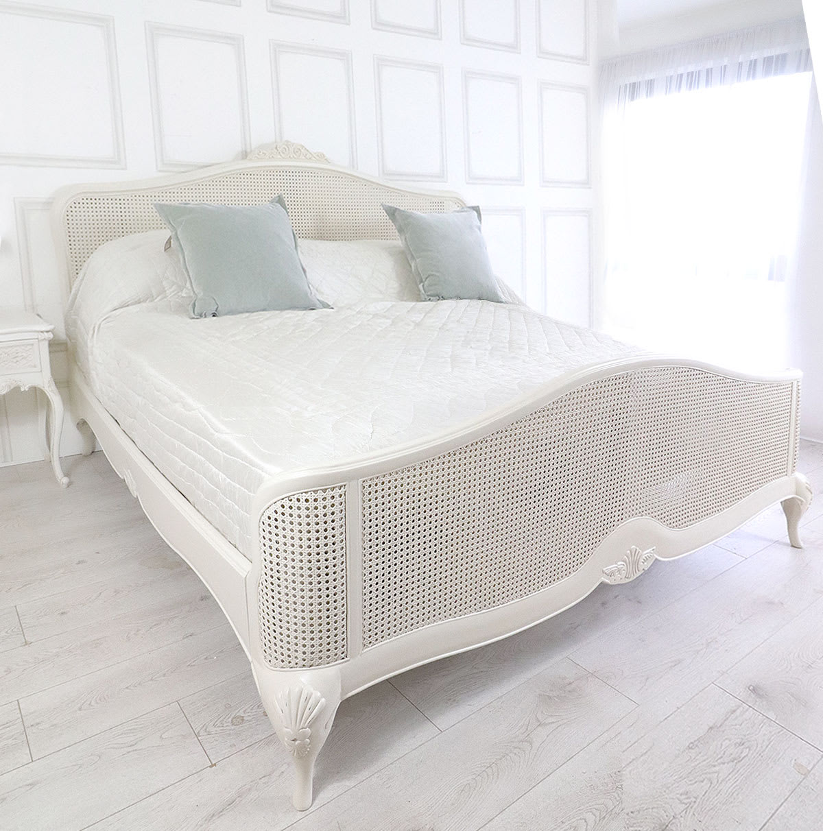 Sidqa White French Finish Bed with Cane Work