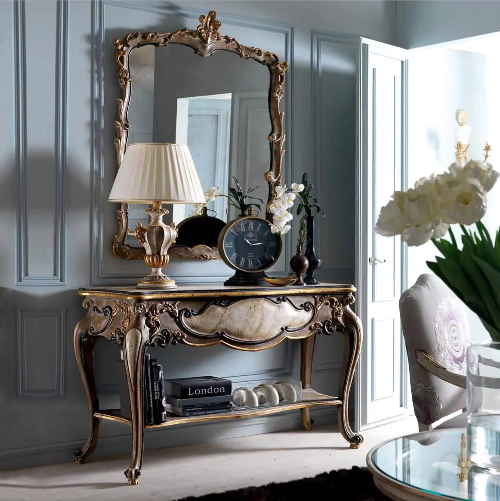 Brown Marble Double Decker Console with Grand Mirror