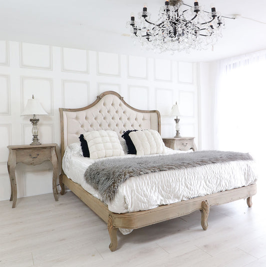 Sidqa Rustic French Finish Bed with Ivory Tufted Headboard