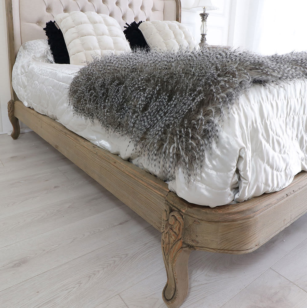 Sidqa Rustic French Finish Bed with Ivory Tufted Headboard