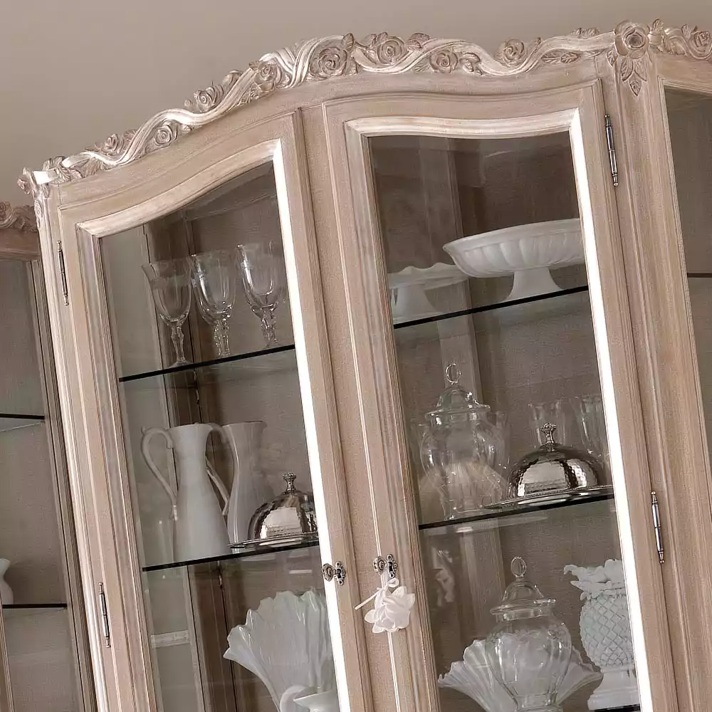 Beige French Finish Display Cabinet with Ivory Silver Accents