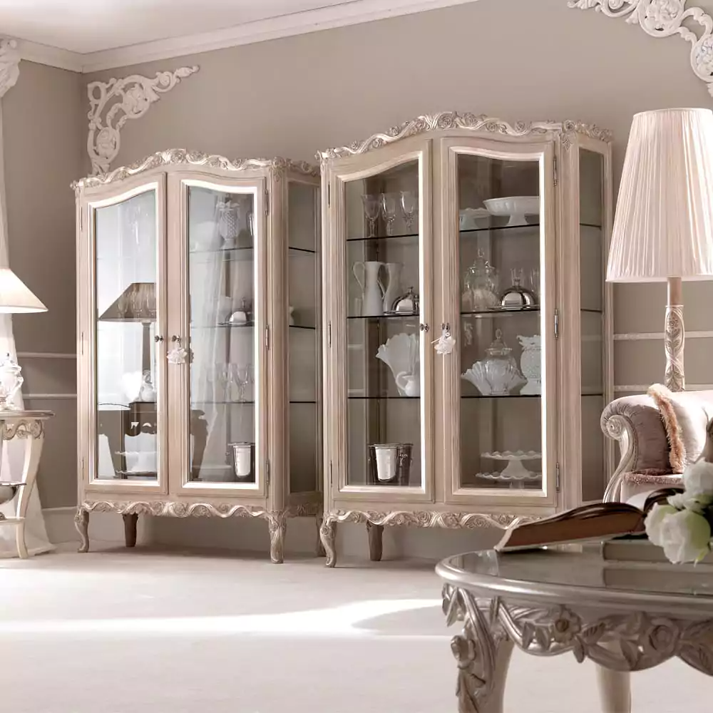 Beige French Finish Display Cabinet with Ivory Silver Accents