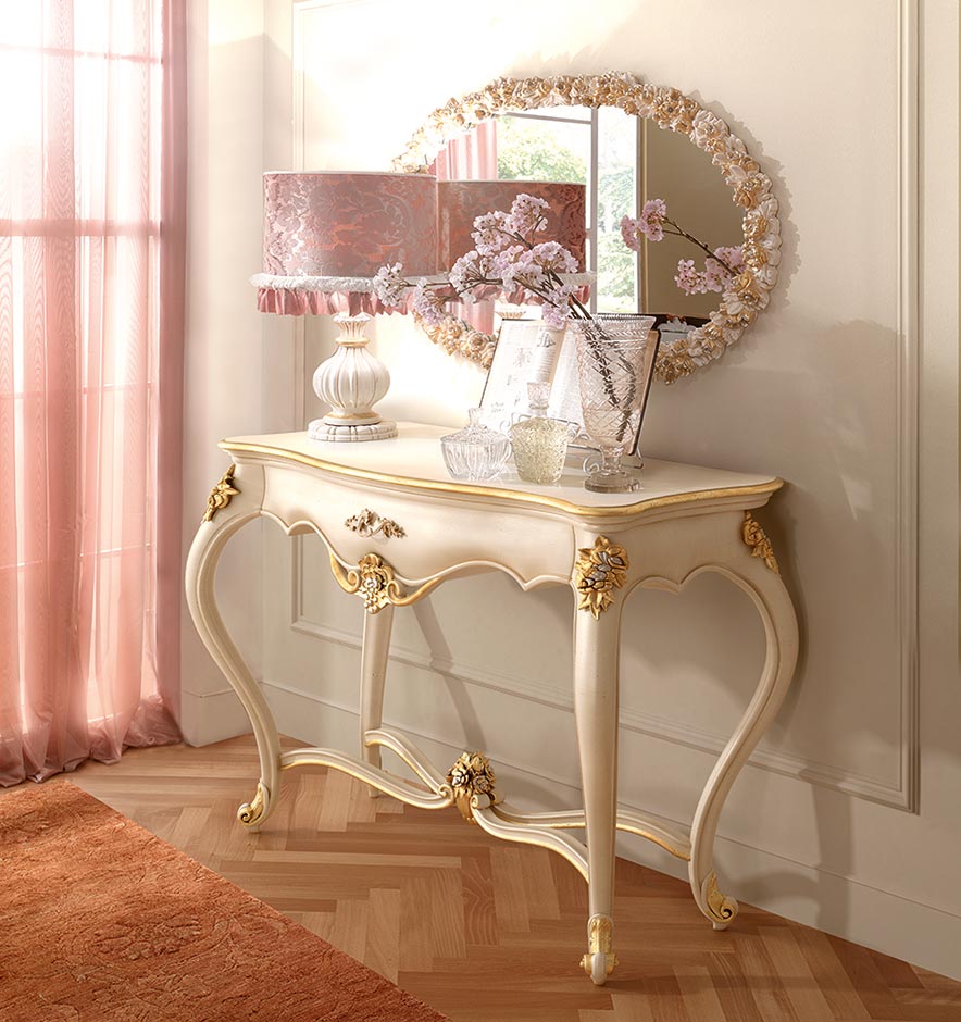 Ivory Rose Carved Console with Oval Wall Mirror