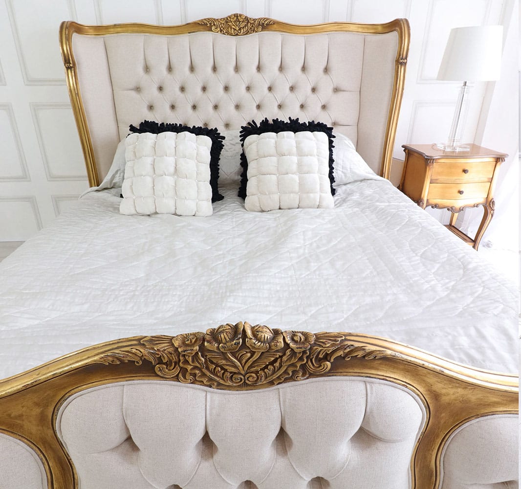 Sidqa Antique Gold King Size Bed with Tufted White Fabric