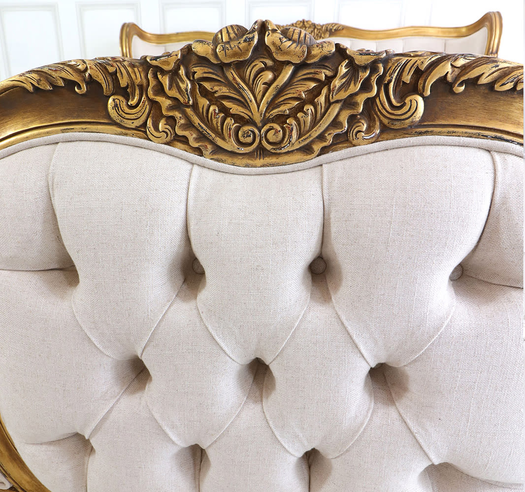 Sidqa Antique Gold King Size Bed with Tufted White Fabric