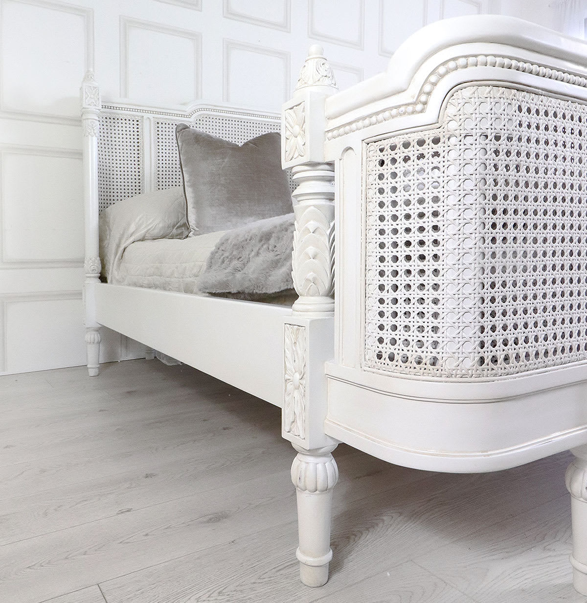 Sidqa Majestic Cane Carved Bed with French White Finish