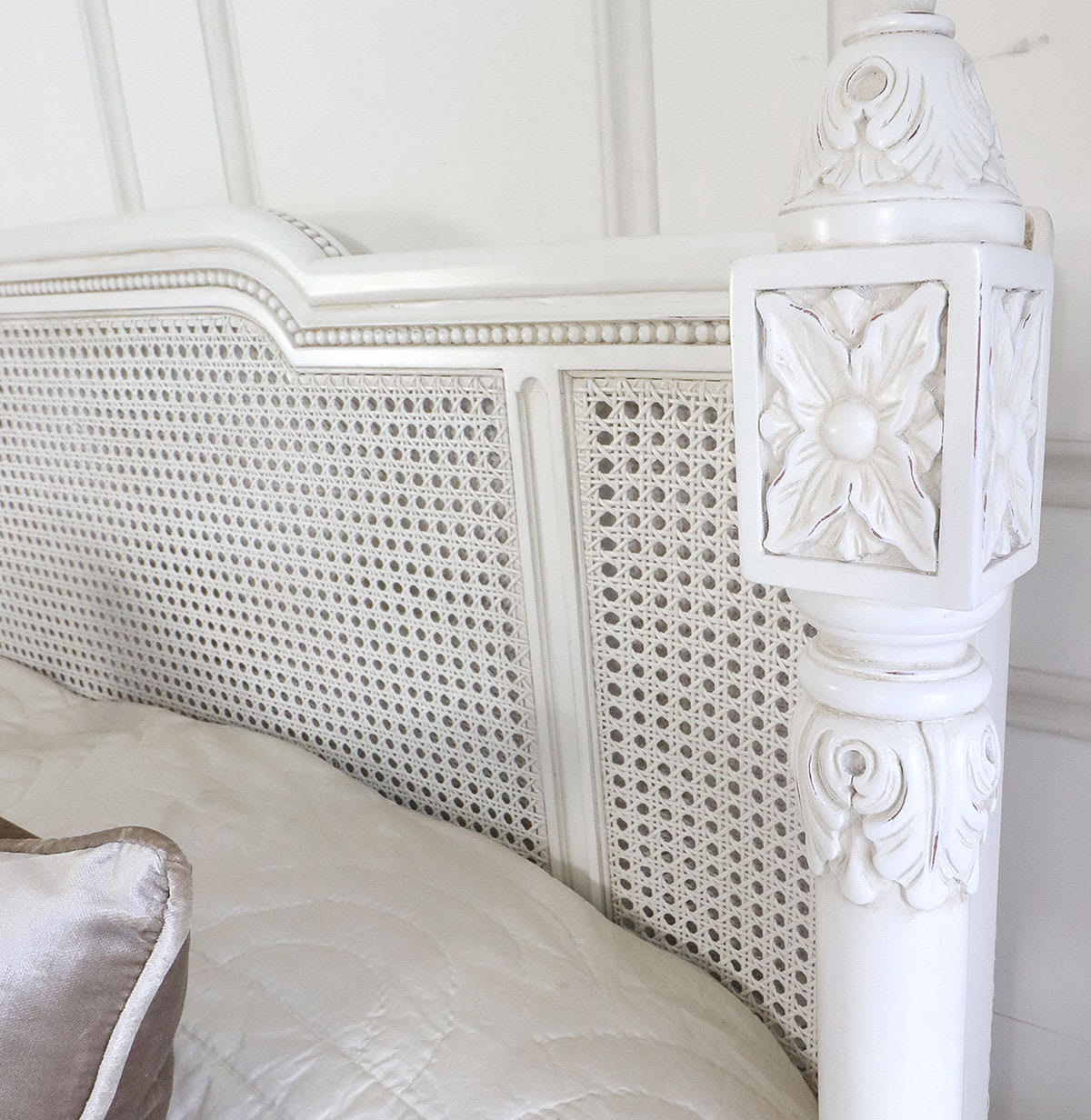 Sidqa Majestic Cane Carved Bed with French White Finish